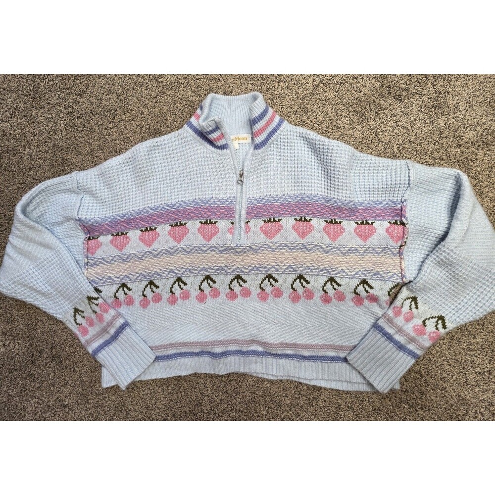 Sugar Moon Sweater Size Large Blue Pastel Cottagecore Cropped 1/4 Zip Collar
